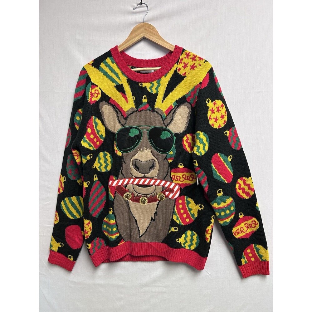 Holiday Time Ugly Christmas Sweater Reindeer Bells Balls Ornaments Men’s Medium